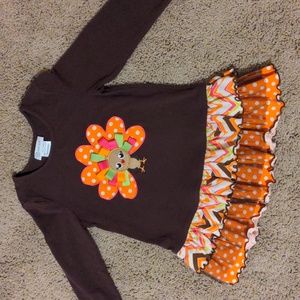Girl's turkey dress in brown with turkey & ruffles in orange and polka dots